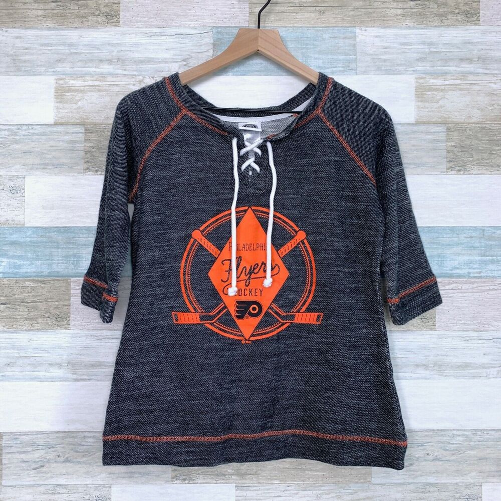 NHL Philadelphia Flyers Lace Up Logo Sweatshirt Gray Orange Raglan Womens Small